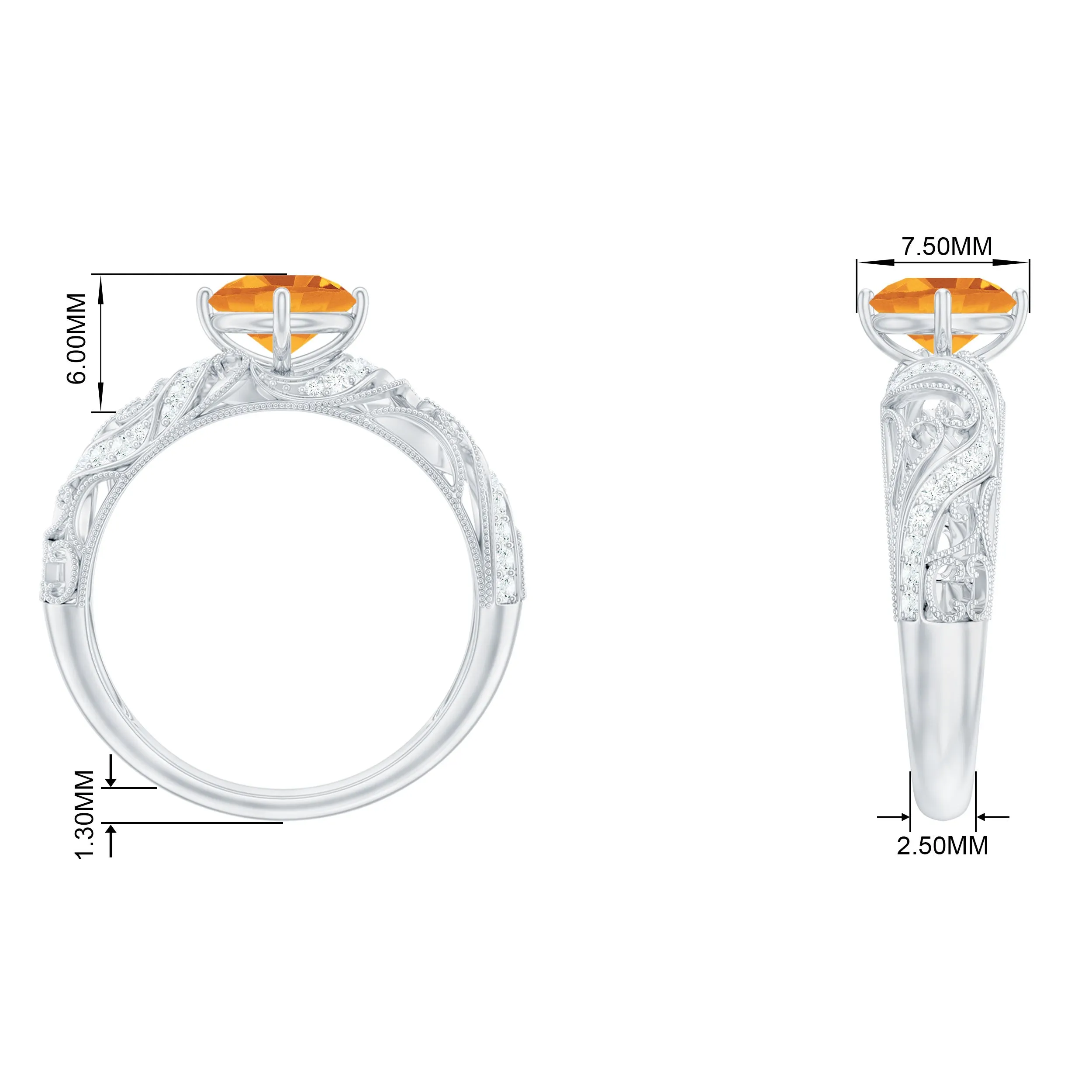 1/4 CT Round Shape Citrine and Diamond Milgrain Engagement Ring