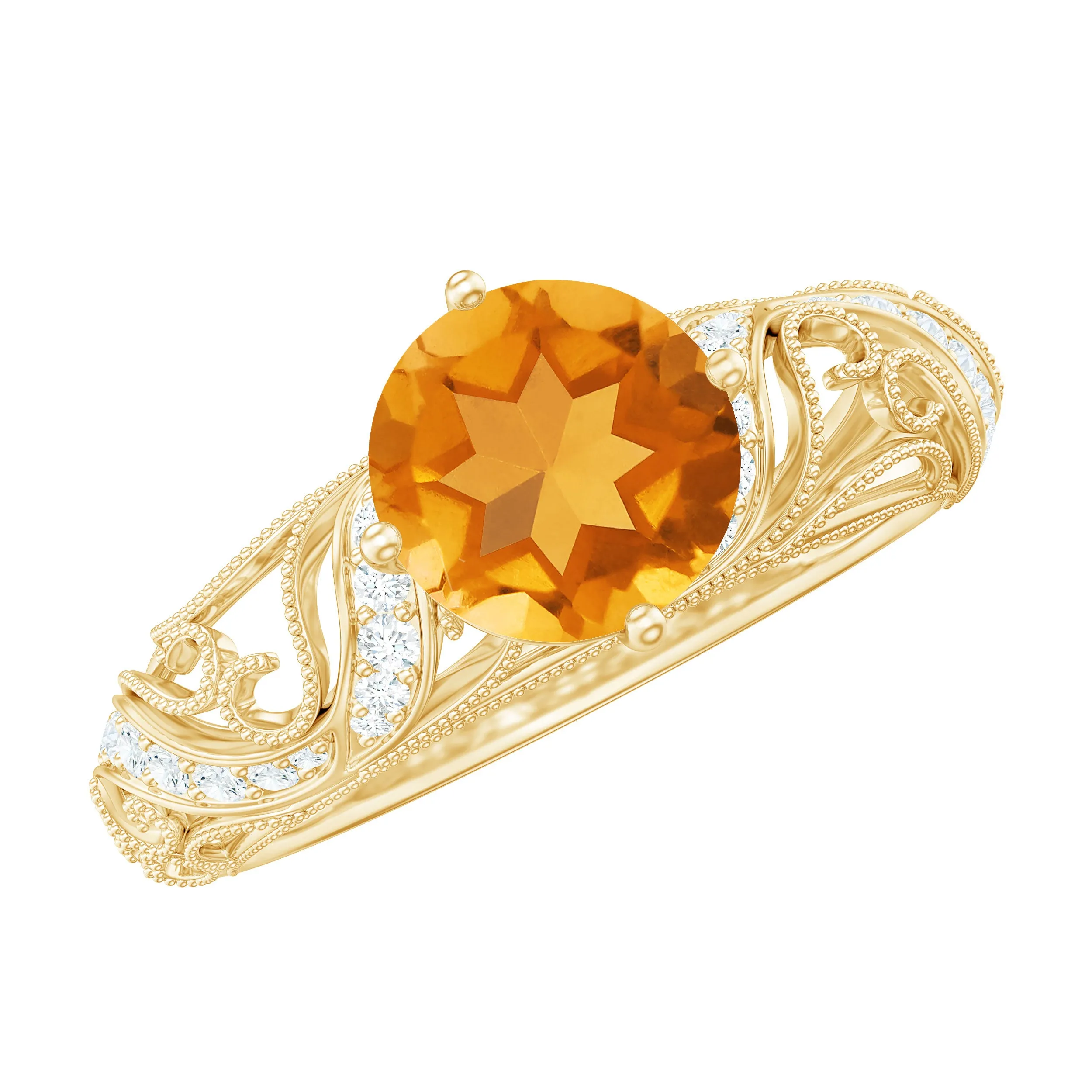 1/4 CT Round Shape Citrine and Diamond Milgrain Engagement Ring