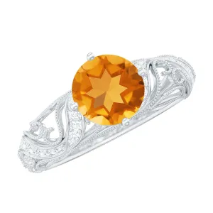 1/4 CT Round Shape Citrine and Diamond Milgrain Engagement Ring