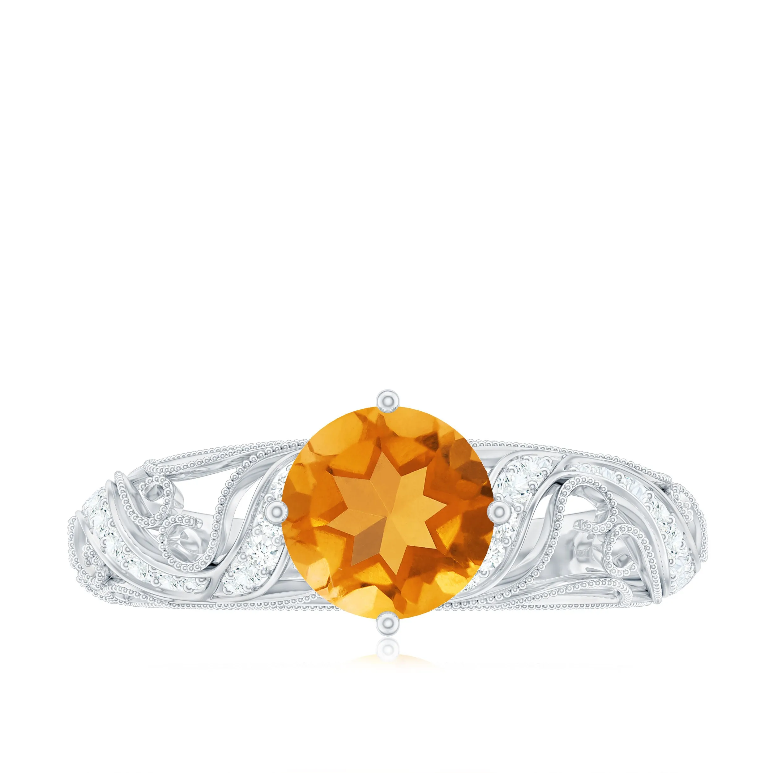 1/4 CT Round Shape Citrine and Diamond Milgrain Engagement Ring