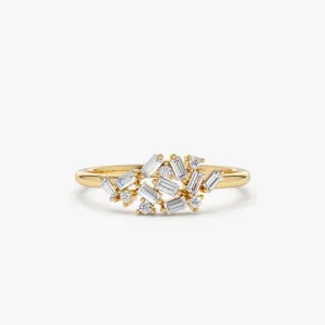 14k Baguette and Round Diamond Dainty Cluster Ring