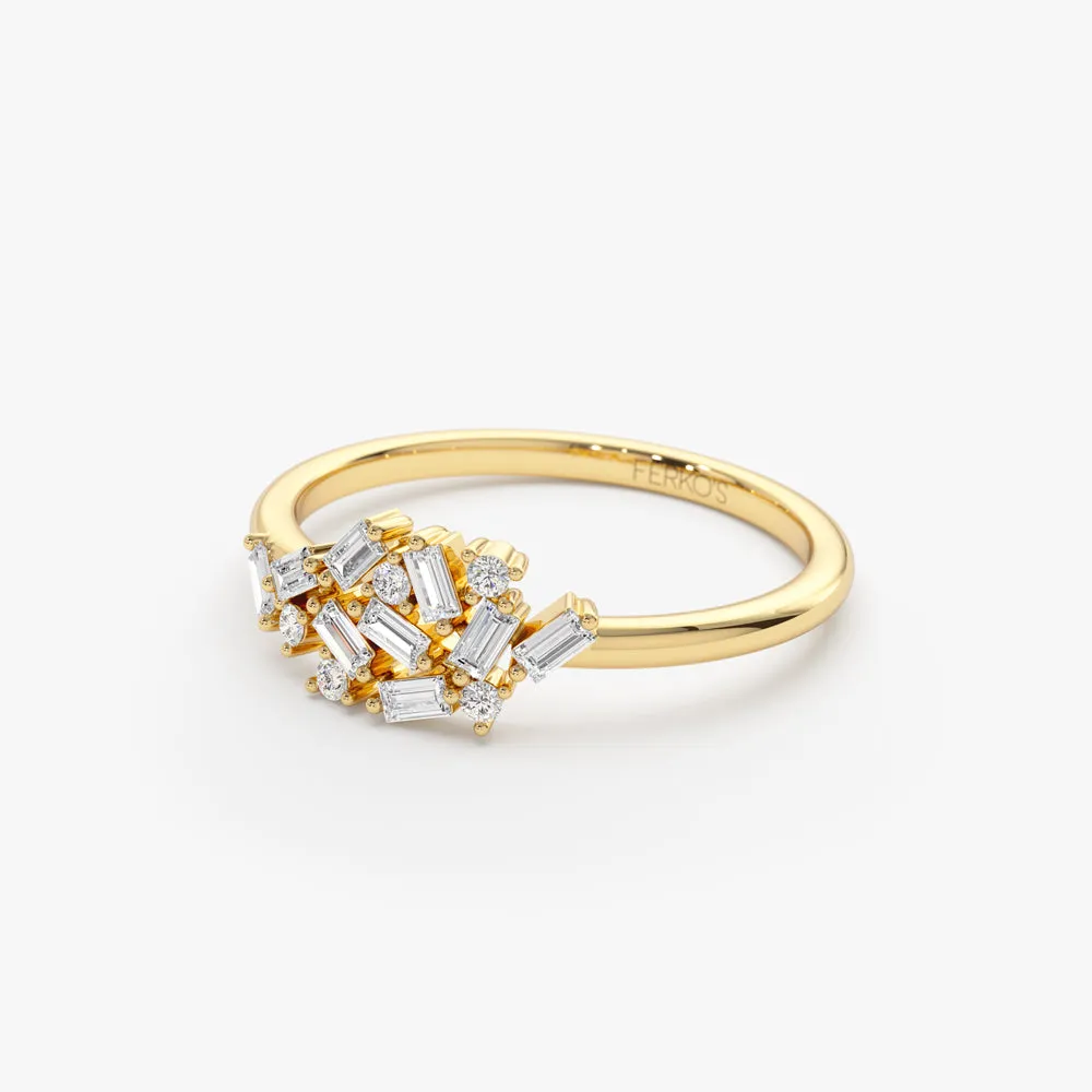 14k Baguette and Round Diamond Dainty Cluster Ring