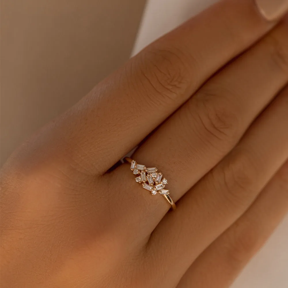 14k Baguette and Round Diamond Dainty Cluster Ring