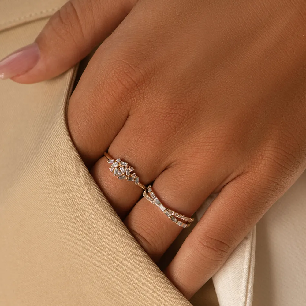 14k Baguette and Round Diamond Dainty Cluster Ring