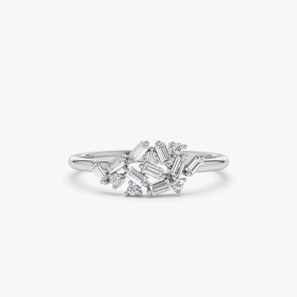 14k Baguette and Round Diamond Dainty Cluster Ring