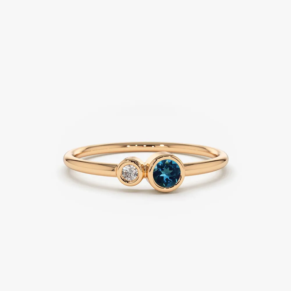 14K Gold Bezel Setting London Blue Topaz and Diamond Ring