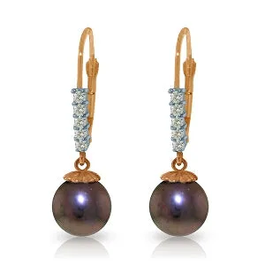 14K Solid Rose Gold Leverback Earrings Diamond & Black Pearl Gemstone