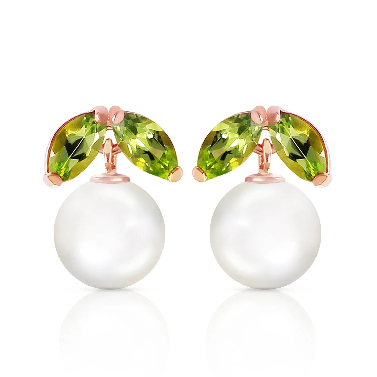 14K Solid Rose Gold Stud Earrings w/ Pearls & Peridots