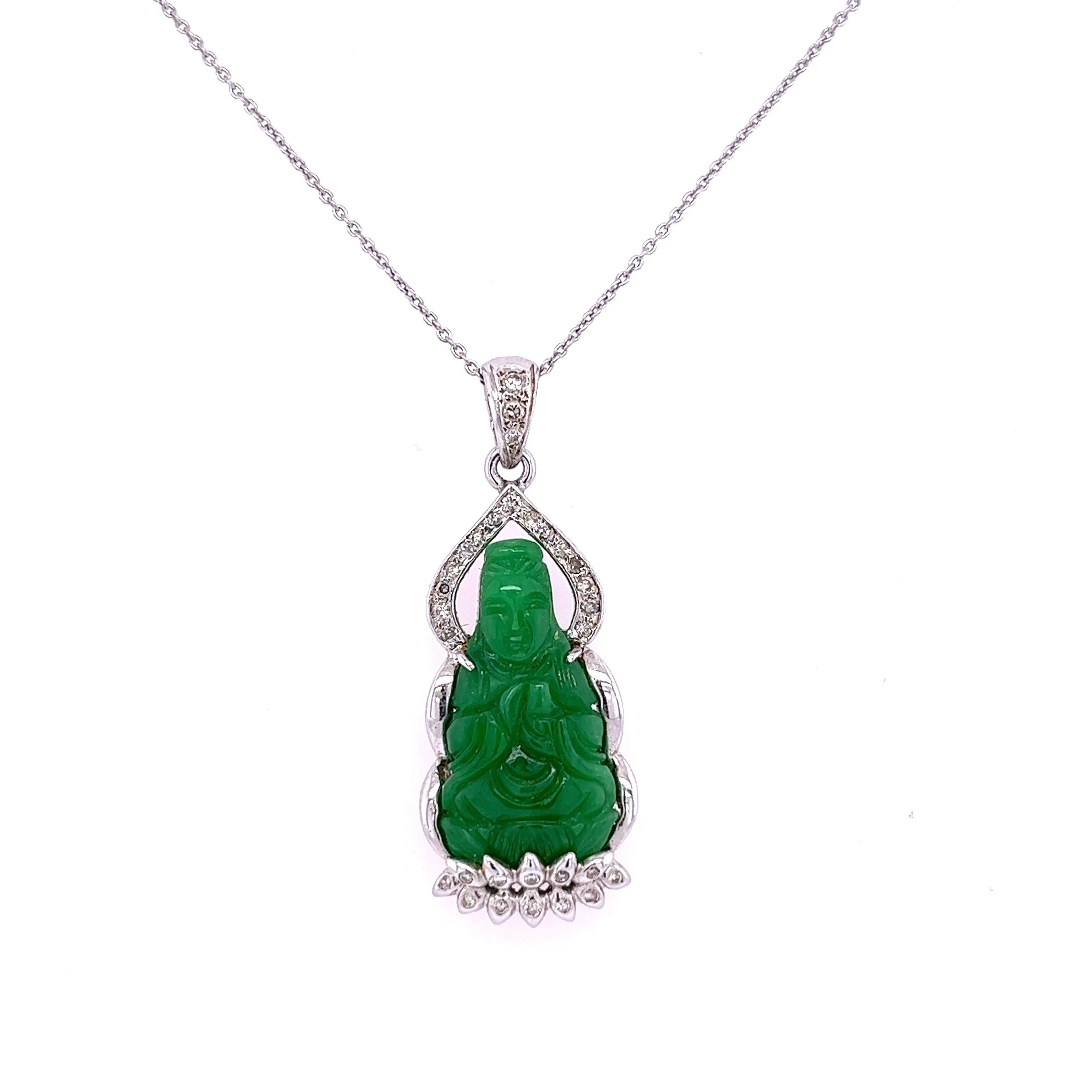 14K White Gold Carved Jade Buddha and Diamond Pendant Necklace