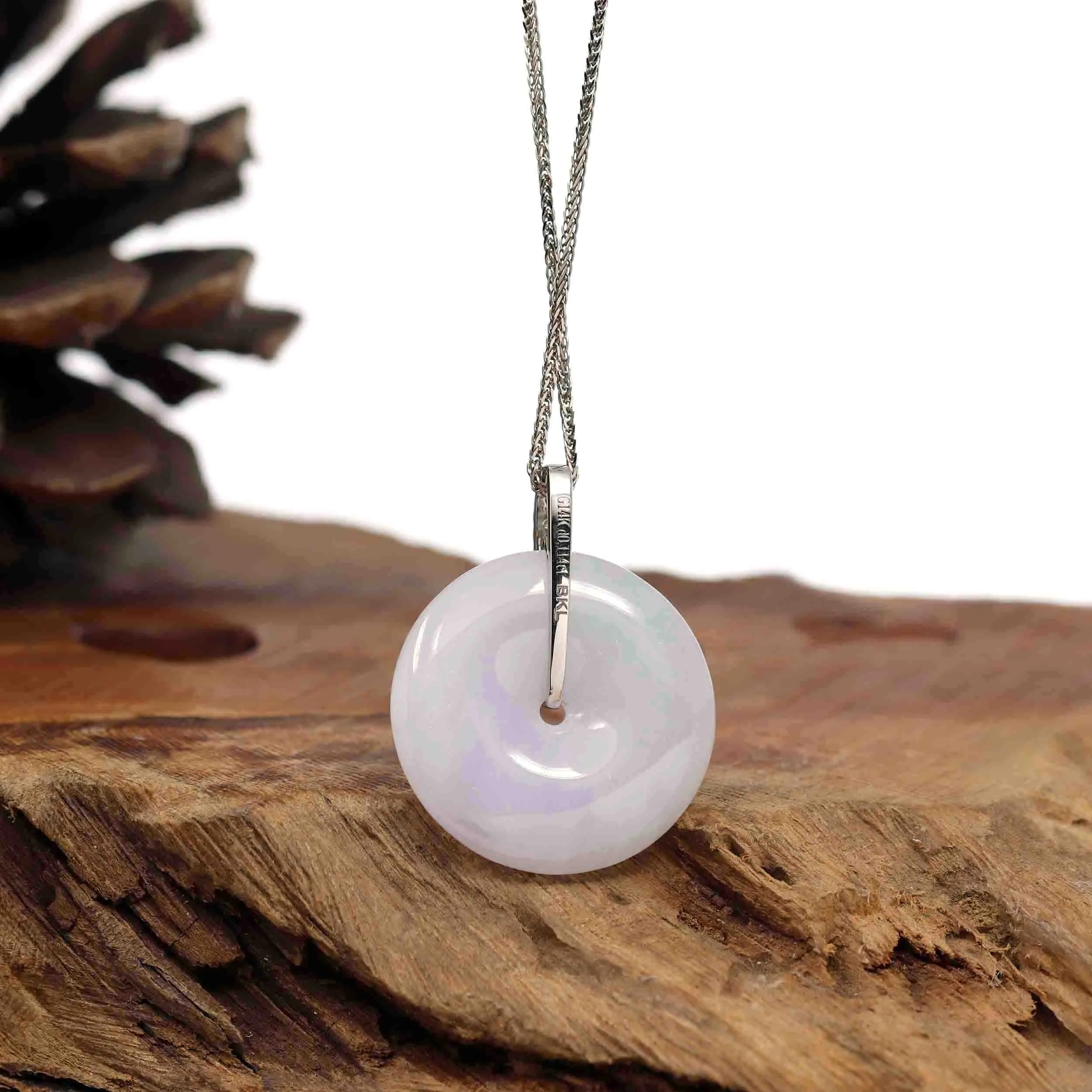 14K White Gold "Good Luck Button" Necklace Ice Lavender Jadeite Jade Pendant Necklace