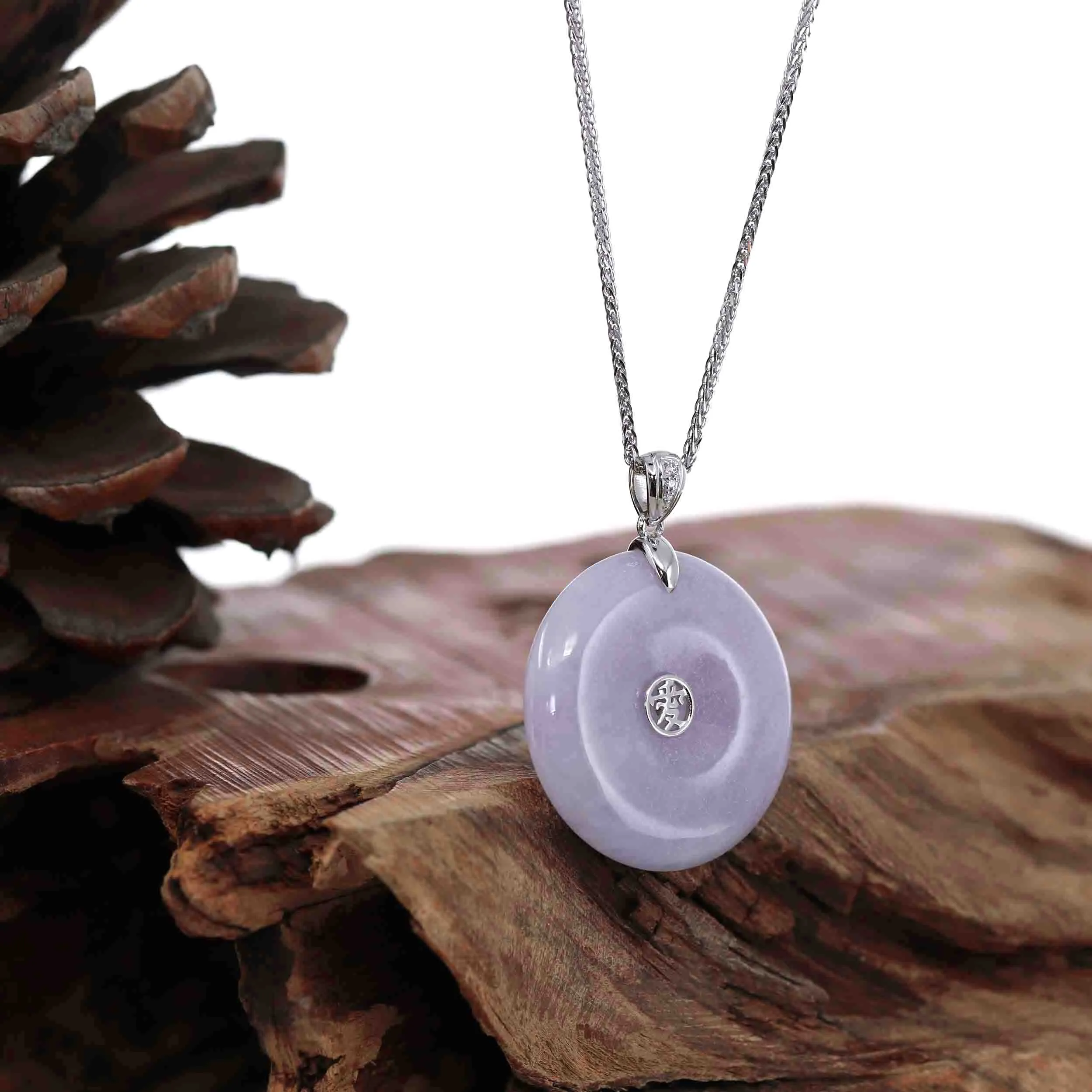 14K White Gold "Good Luck Button" Necklace Lavender Jadeite Jade Lucky KouKou Pendant  With Diamond Bail