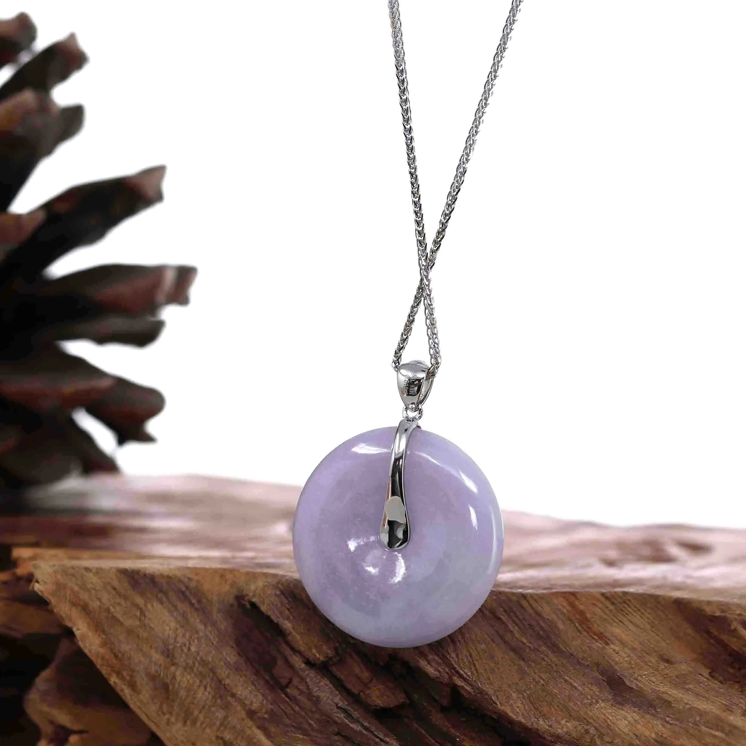 14K White Gold "Good Luck Button" Necklace Lavender Jadeite Jade Lucky KouKou Pendant  With Diamond Bail