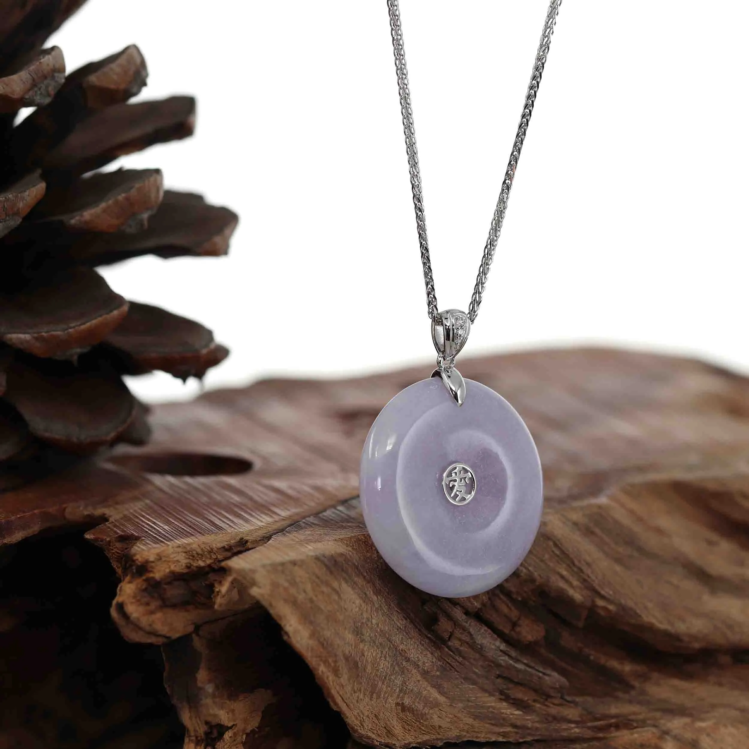 14K White Gold "Good Luck Button" Necklace Lavender Jadeite Jade Lucky KouKou Pendant  With Diamond Bail