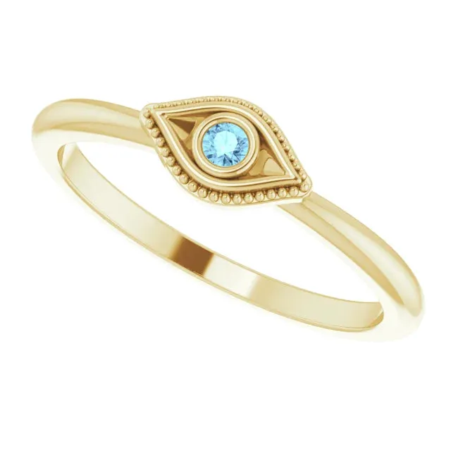 14K Yellow Gold Natural Aquamarine Stackable Evil Eye Ring