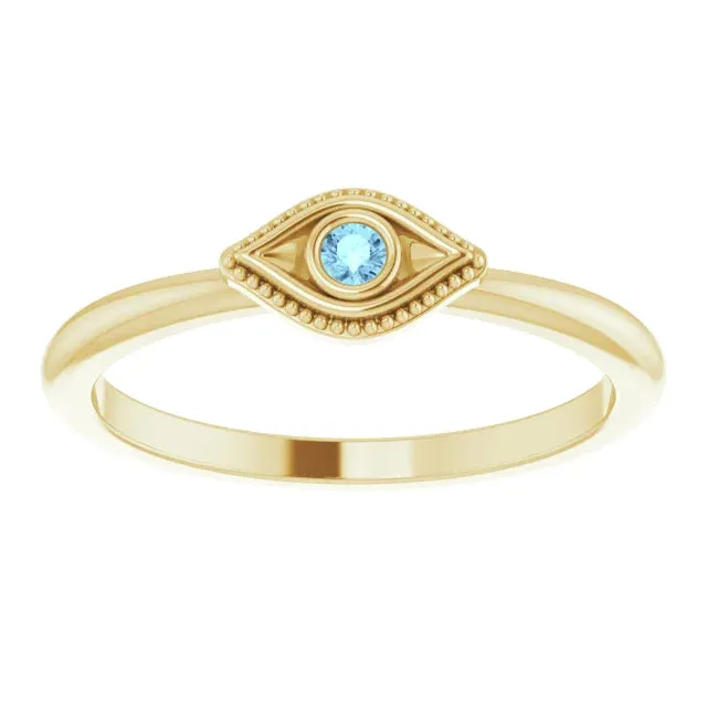 14K Yellow Gold Natural Aquamarine Stackable Evil Eye Ring