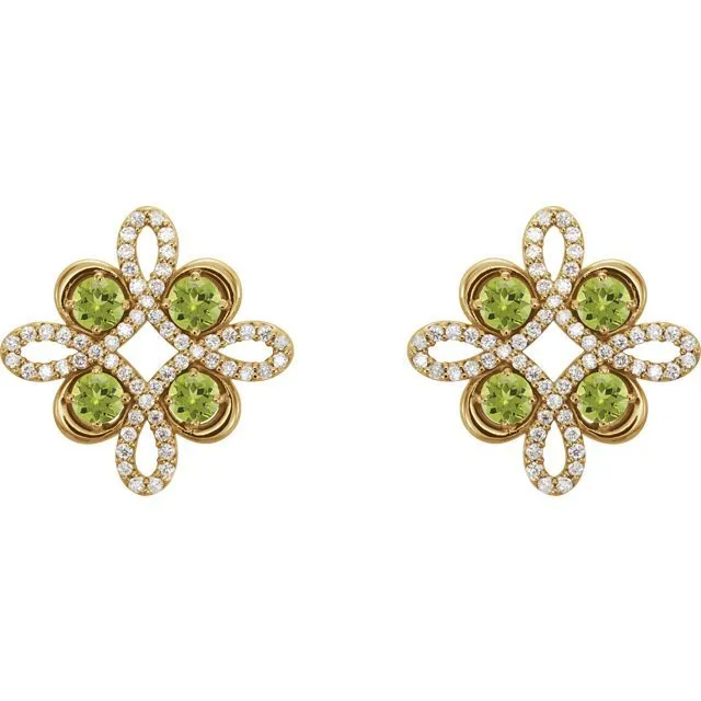 14KT GOLD 0.72 CTW PERIDOT & 1/4 CTW DIAMOND CLOVER EARRINGS