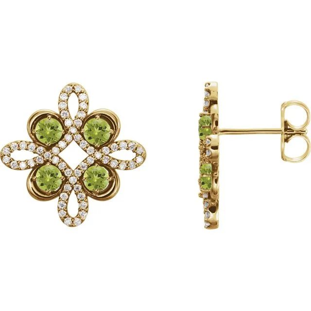 14KT GOLD 0.72 CTW PERIDOT & 1/4 CTW DIAMOND CLOVER EARRINGS