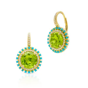 14KT Yellow Gold Peridot Turquoise Diamond Round Kai Earrings