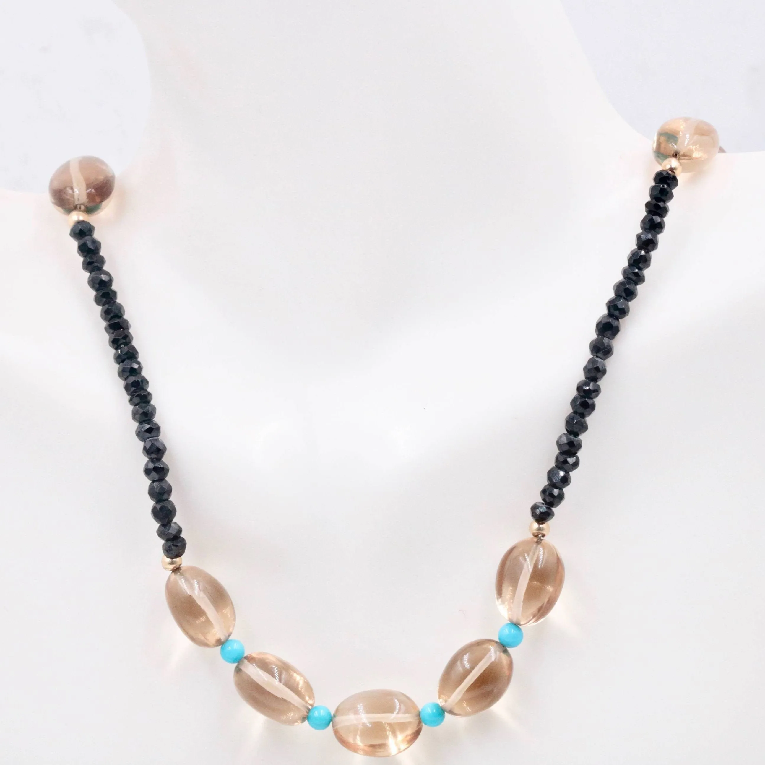 14KY Natural Quartz Necklace Quartz w/ Turquoise & Black Spinel Natural Turquoise Natural Spinel Natural Gemstone Necklace SKU 108949