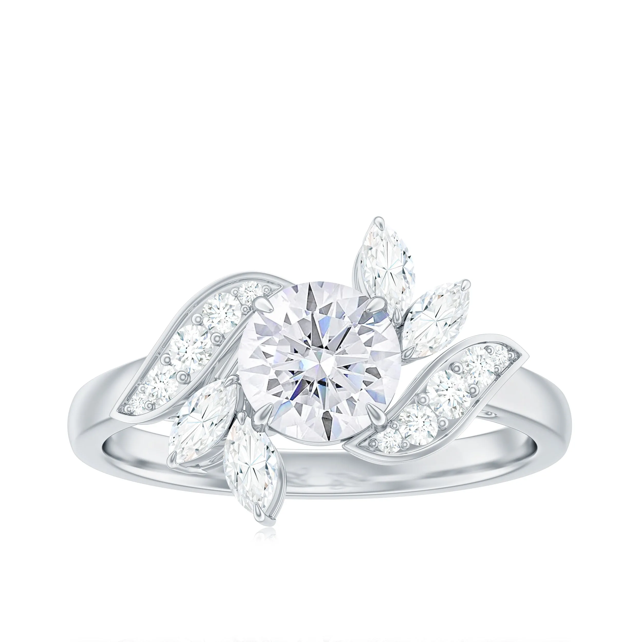 1.5 CT Round and Marquise Moissanite Flower Engagement Ring in Claw Setting