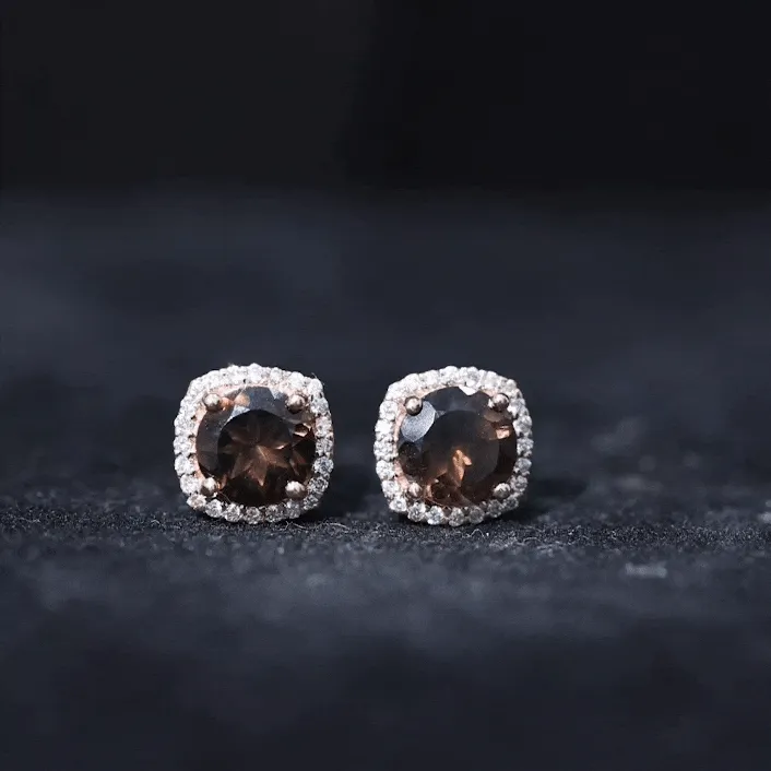 1.75 CT Smoky Quartz Stud Earrings with Diamond Halo in Gold