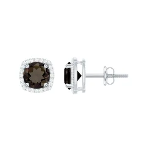 1.75 CT Smoky Quartz Stud Earrings with Diamond Halo in Gold