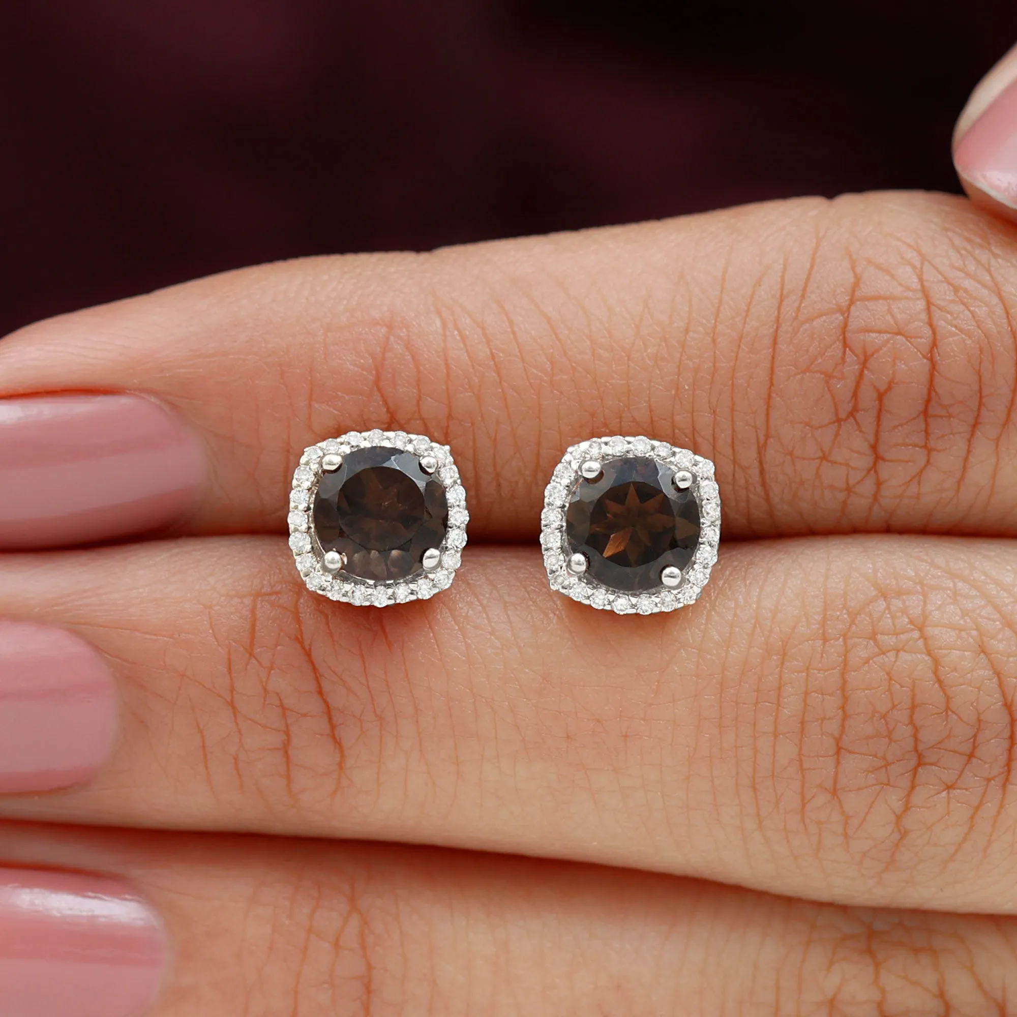 1.75 CT Smoky Quartz Stud Earrings with Diamond Halo in Gold