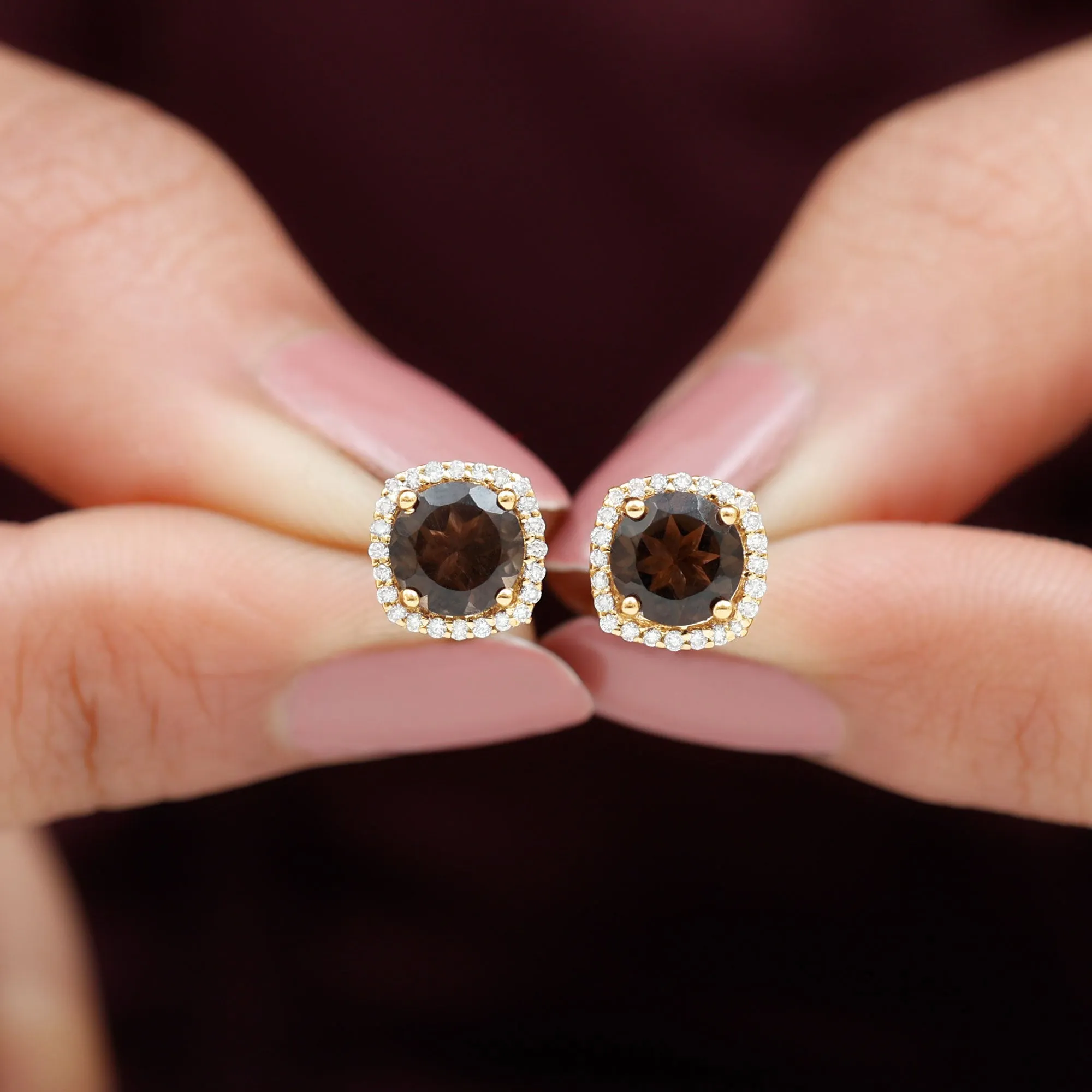 1.75 CT Smoky Quartz Stud Earrings with Diamond Halo in Gold