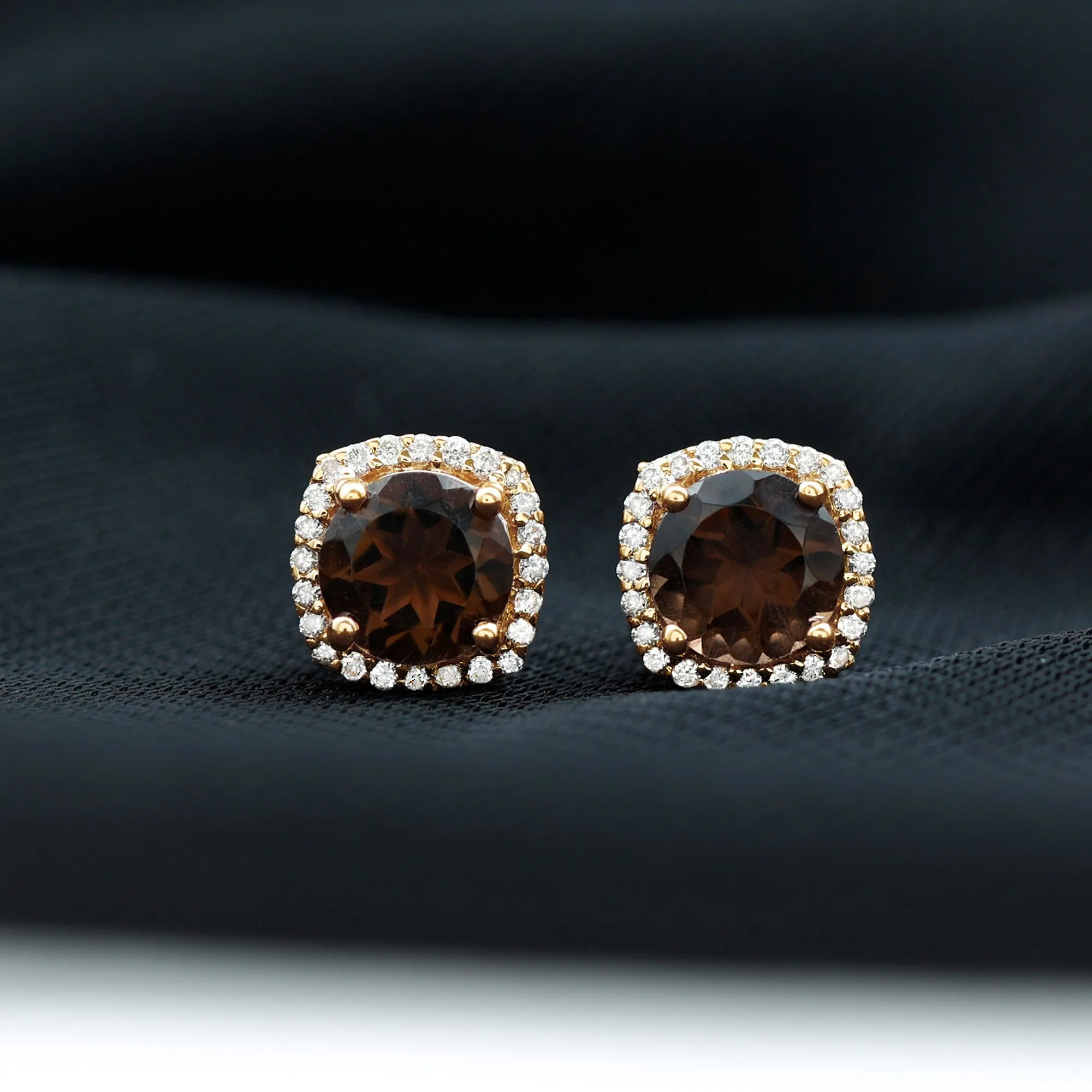 1.75 CT Smoky Quartz Stud Earrings with Diamond Halo in Gold