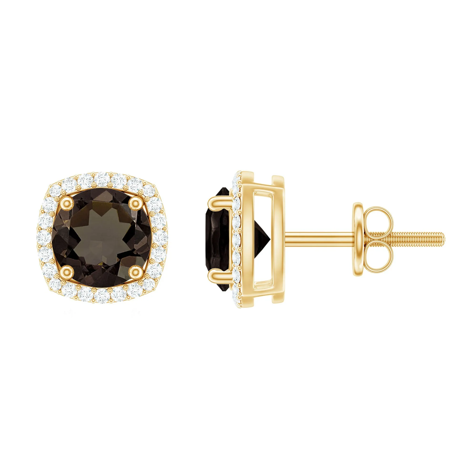 1.75 CT Smoky Quartz Stud Earrings with Diamond Halo in Gold