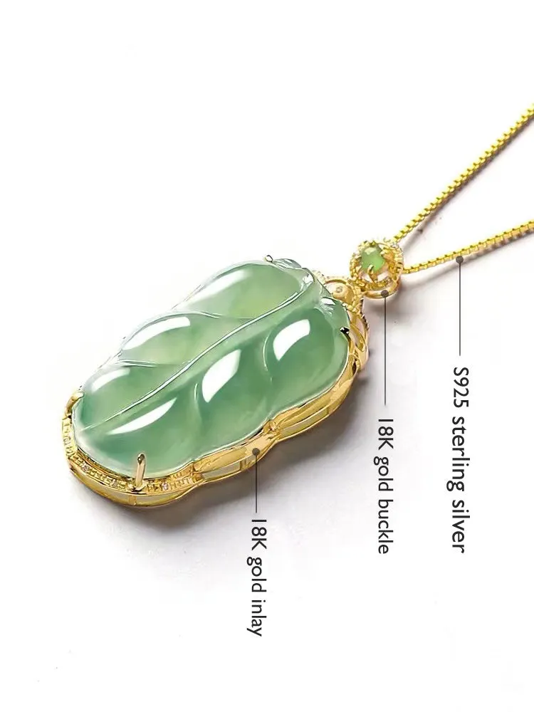 18K Gold Inlay Natural Ice Jadeite Jade Chinese「Jin Zhi Yu Ye」Golden Branch and Jade Leave Pendant Necklace