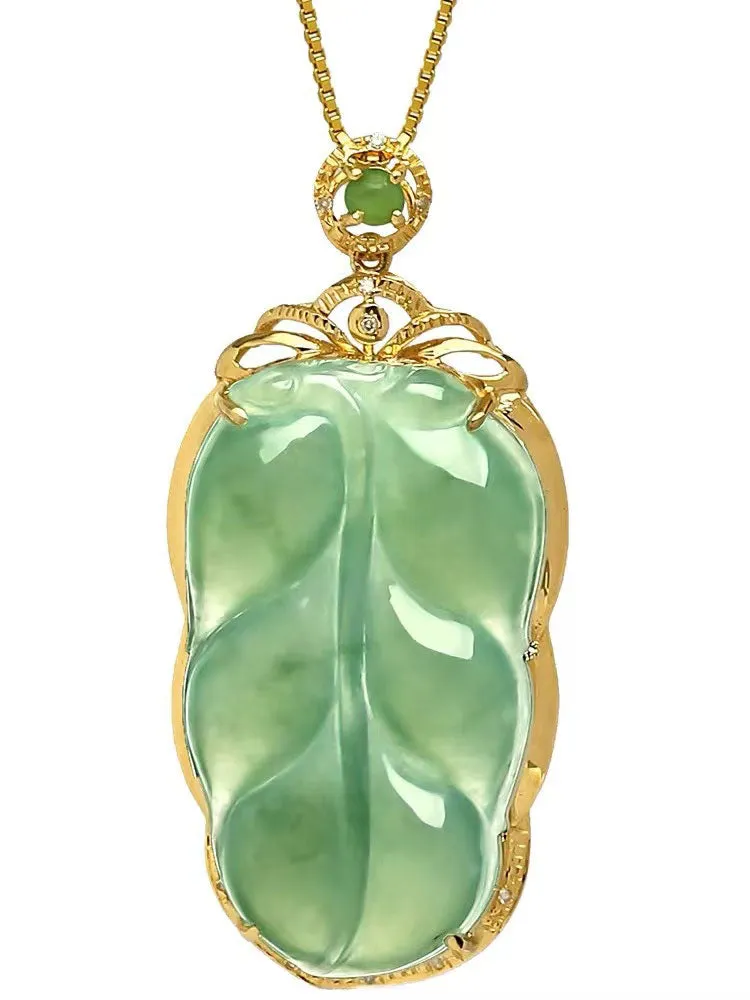 18K Gold Inlay Natural Ice Jadeite Jade Chinese「Jin Zhi Yu Ye」Golden Branch and Jade Leave Pendant Necklace