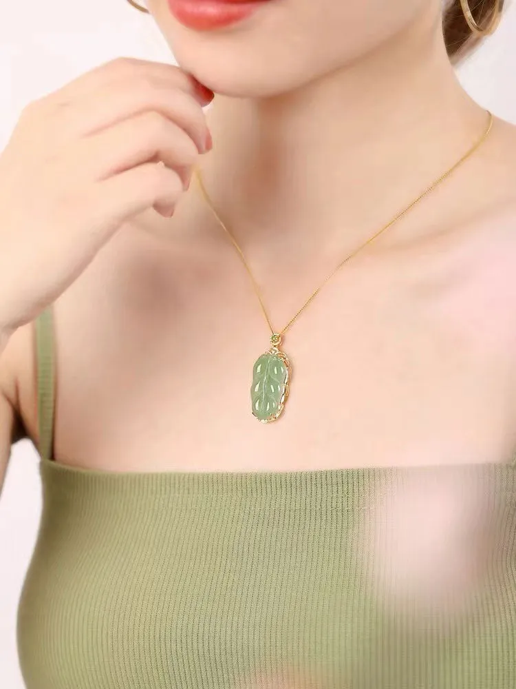 18K Gold Inlay Natural Ice Jadeite Jade Chinese「Jin Zhi Yu Ye」Golden Branch and Jade Leave Pendant Necklace