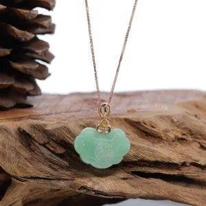 18k Rose Gold Genuine Burmese Green Jadeite Happiness ( Fu & Pingan ) Pendant Necklace