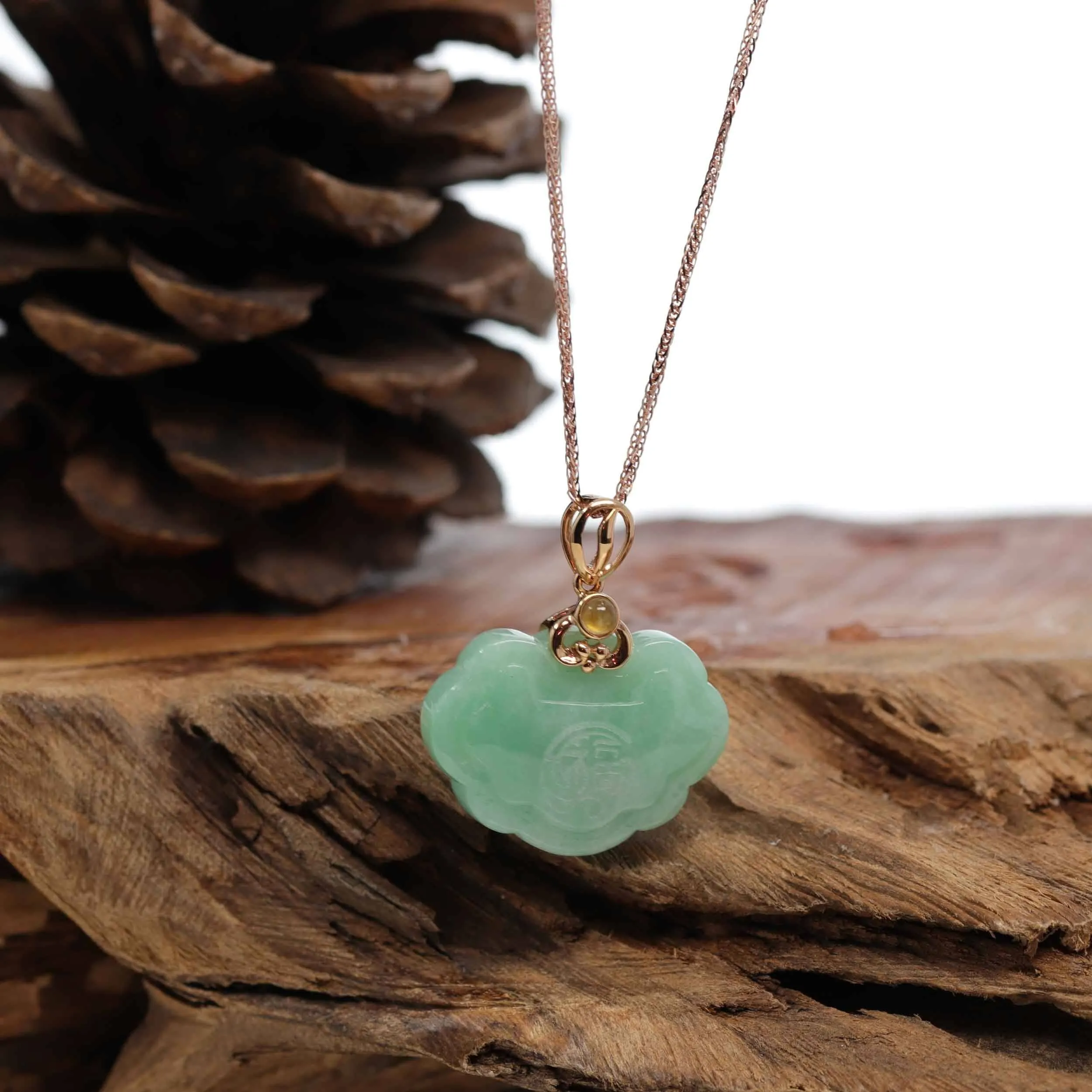 18k Rose Gold Genuine Burmese Green Jadeite Happiness ( Fu & Pingan ) Pendant Necklace