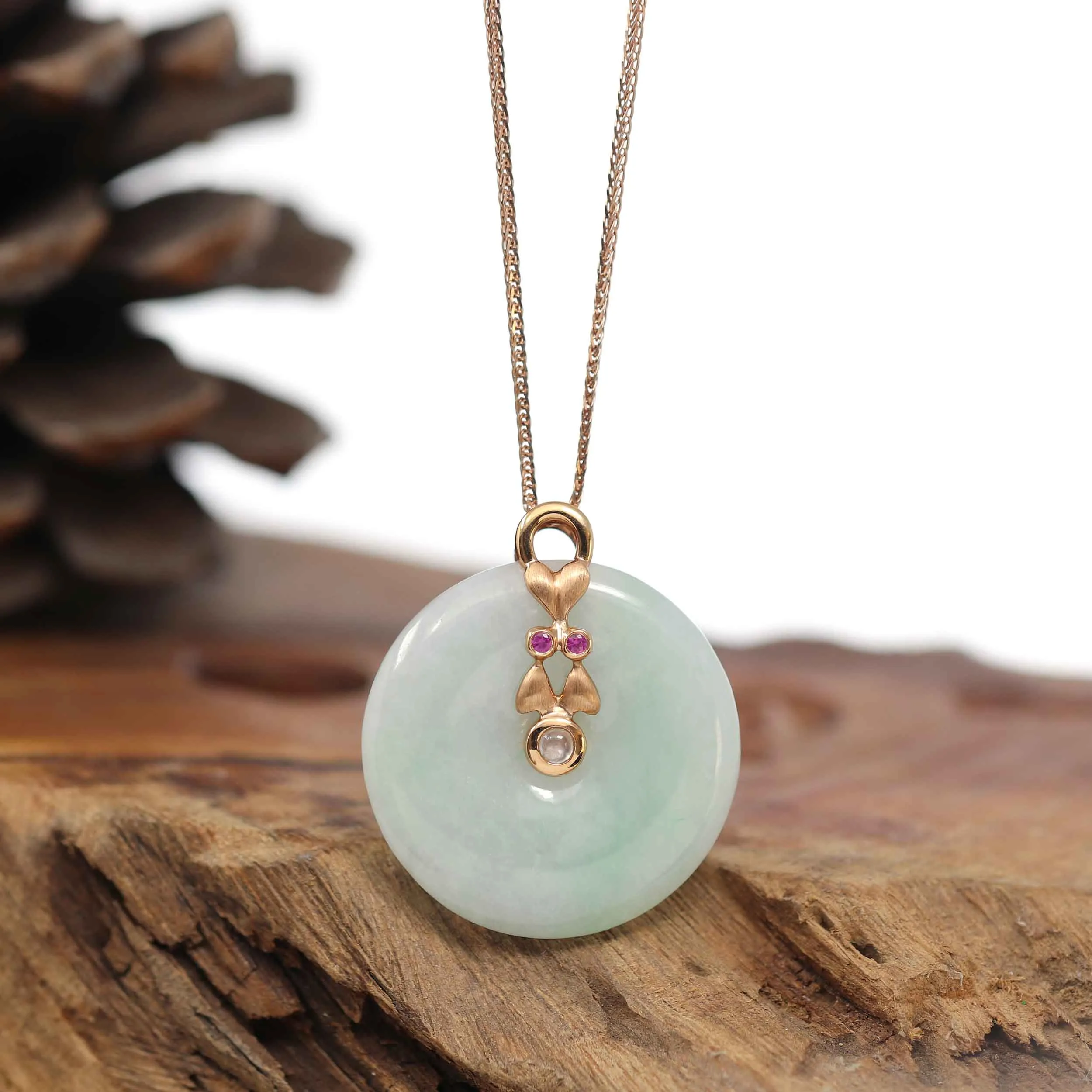 18k Rose Gold Genuine Jadeite Constellation (Gemini) Necklace Pendant with Ruby