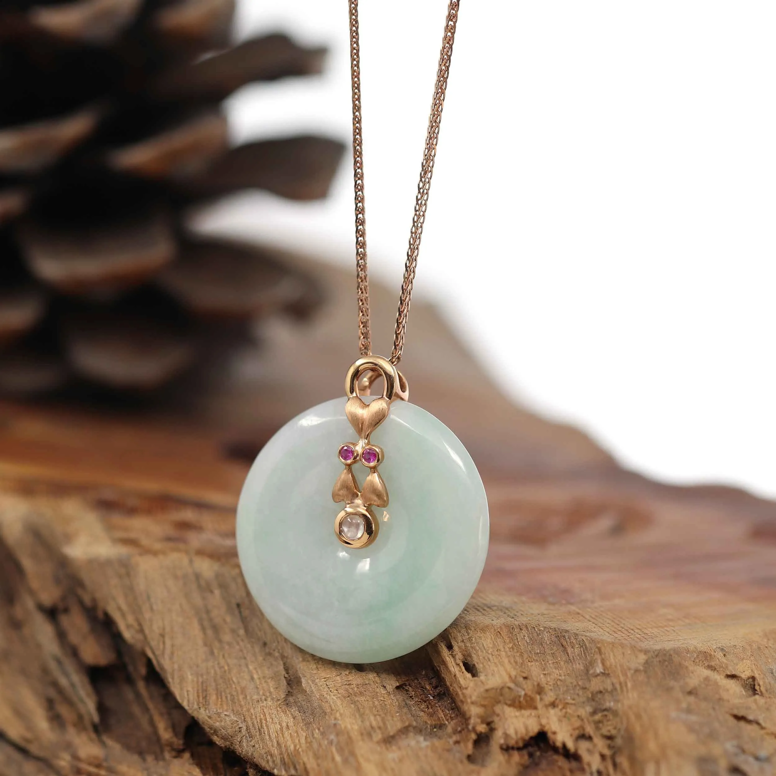 18k Rose Gold Genuine Jadeite Constellation (Gemini) Necklace Pendant with Ruby