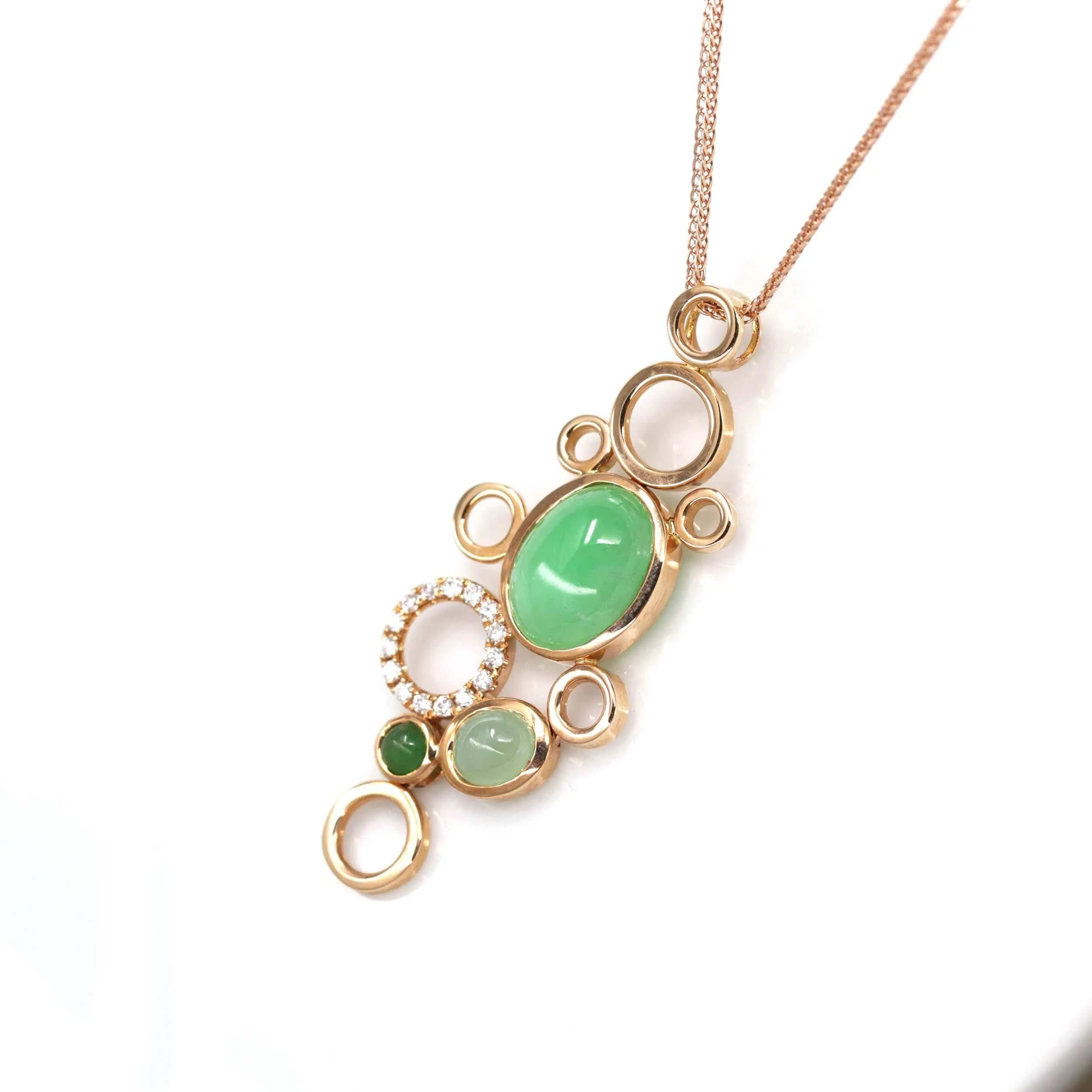 18k Rose Gold Jadeite Jade Diamond Bubble Pendant Necklace