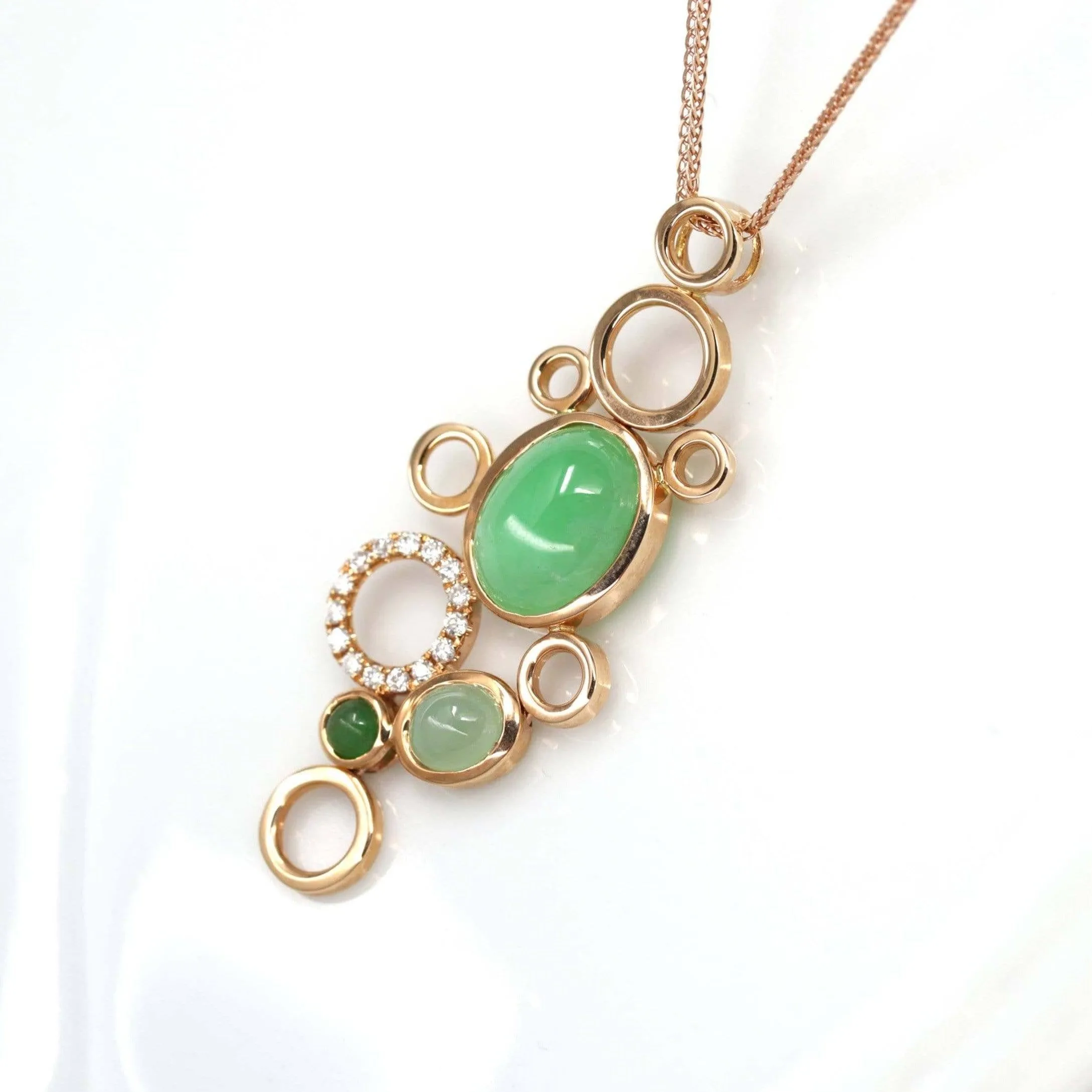 18k Rose Gold Jadeite Jade Diamond Bubble Pendant Necklace