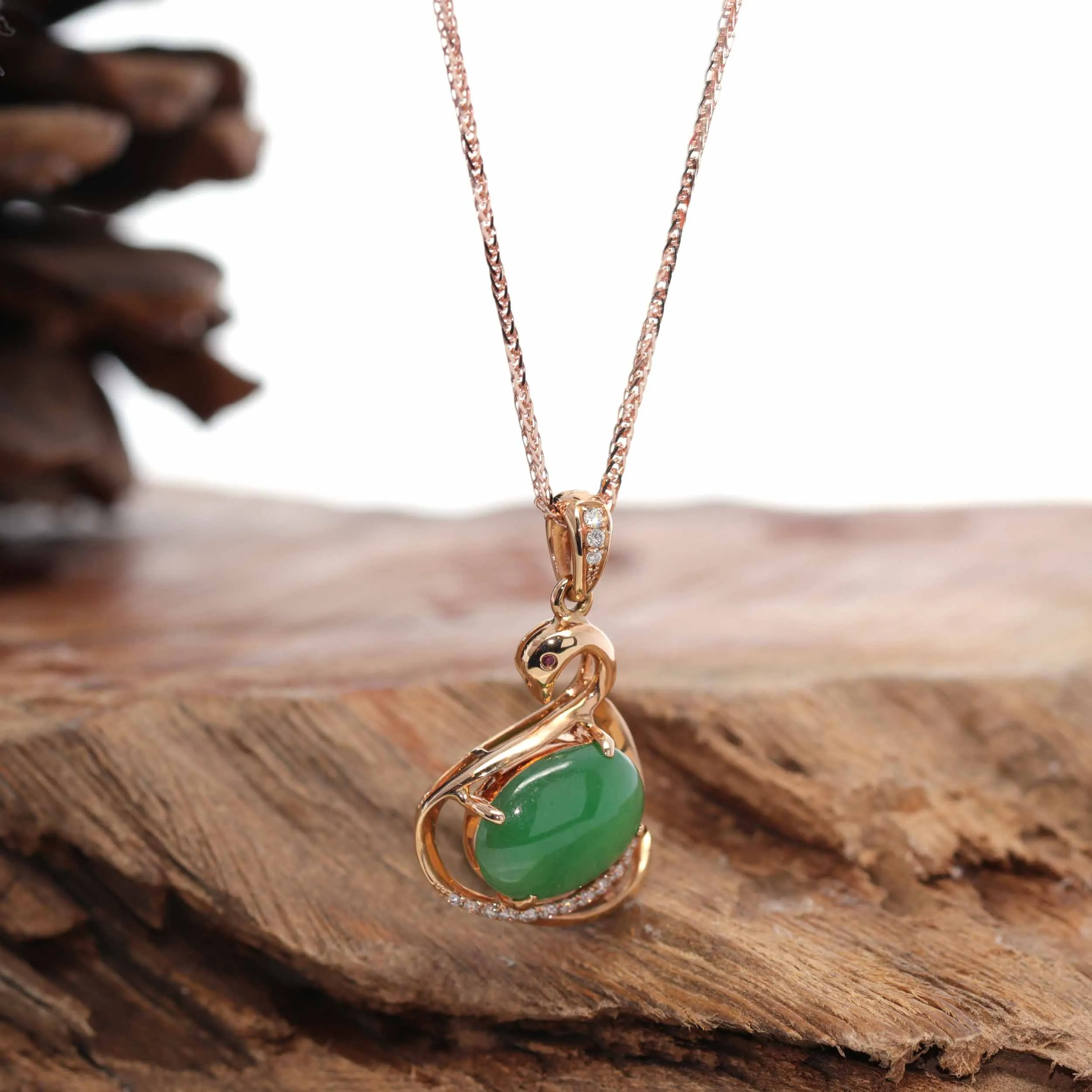 18K Rose Gold "Swan" Imperial Jadeite Jade Cabochon Necklace with Diamonds