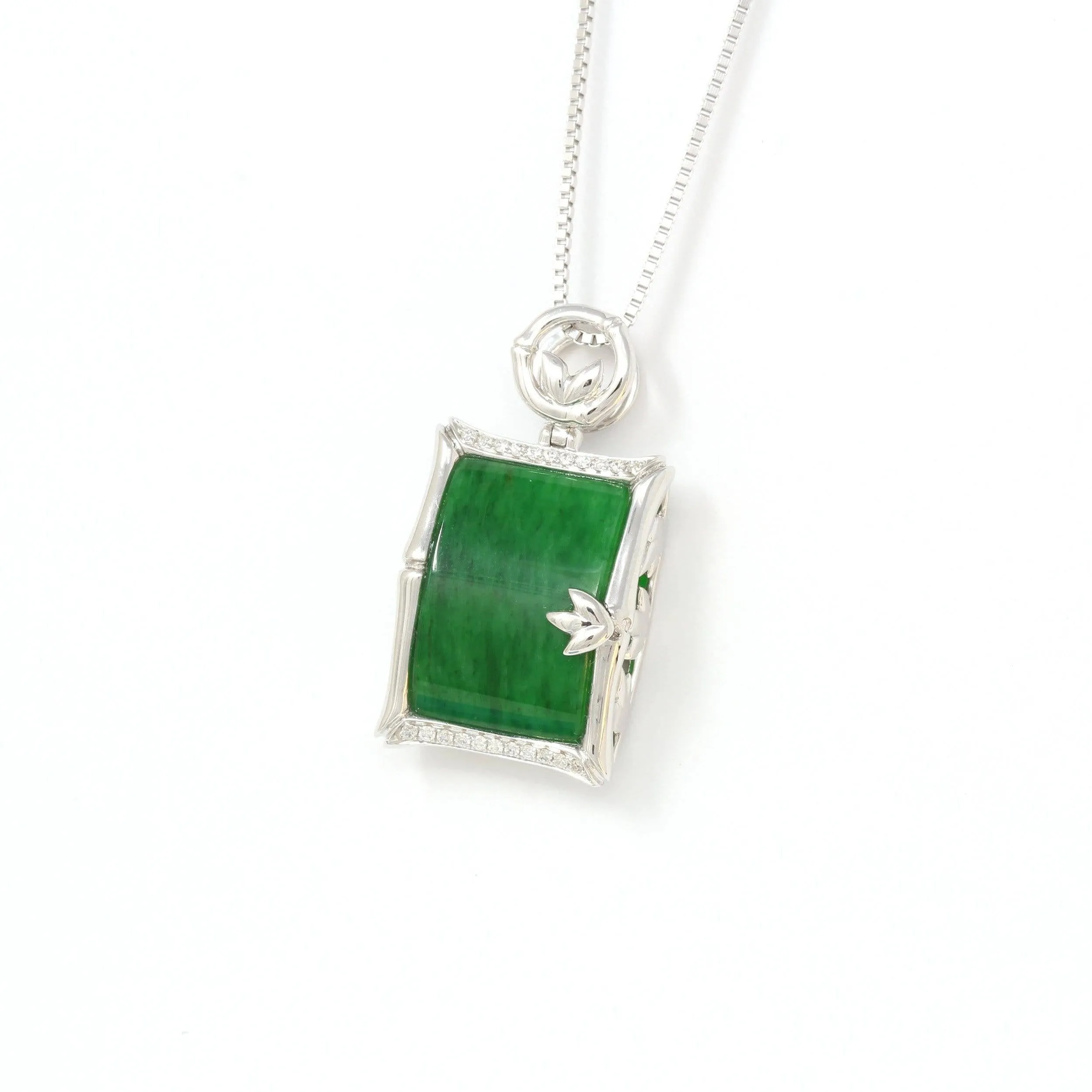 18k White Gold Genuine Burmese Jadeite Bamboo Pendant Necklace With Diamond