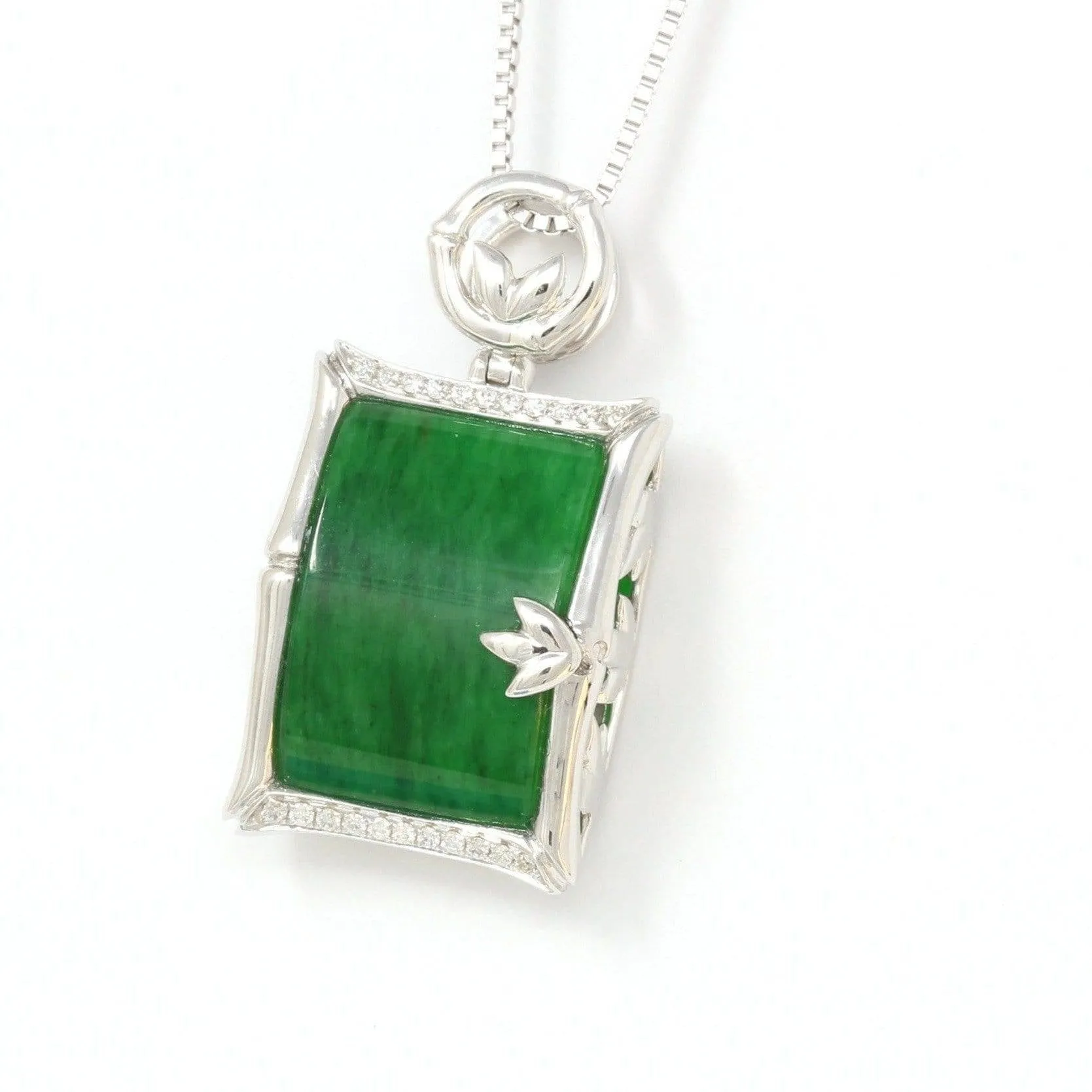 18k White Gold Genuine Burmese Jadeite Bamboo Pendant Necklace With Diamond