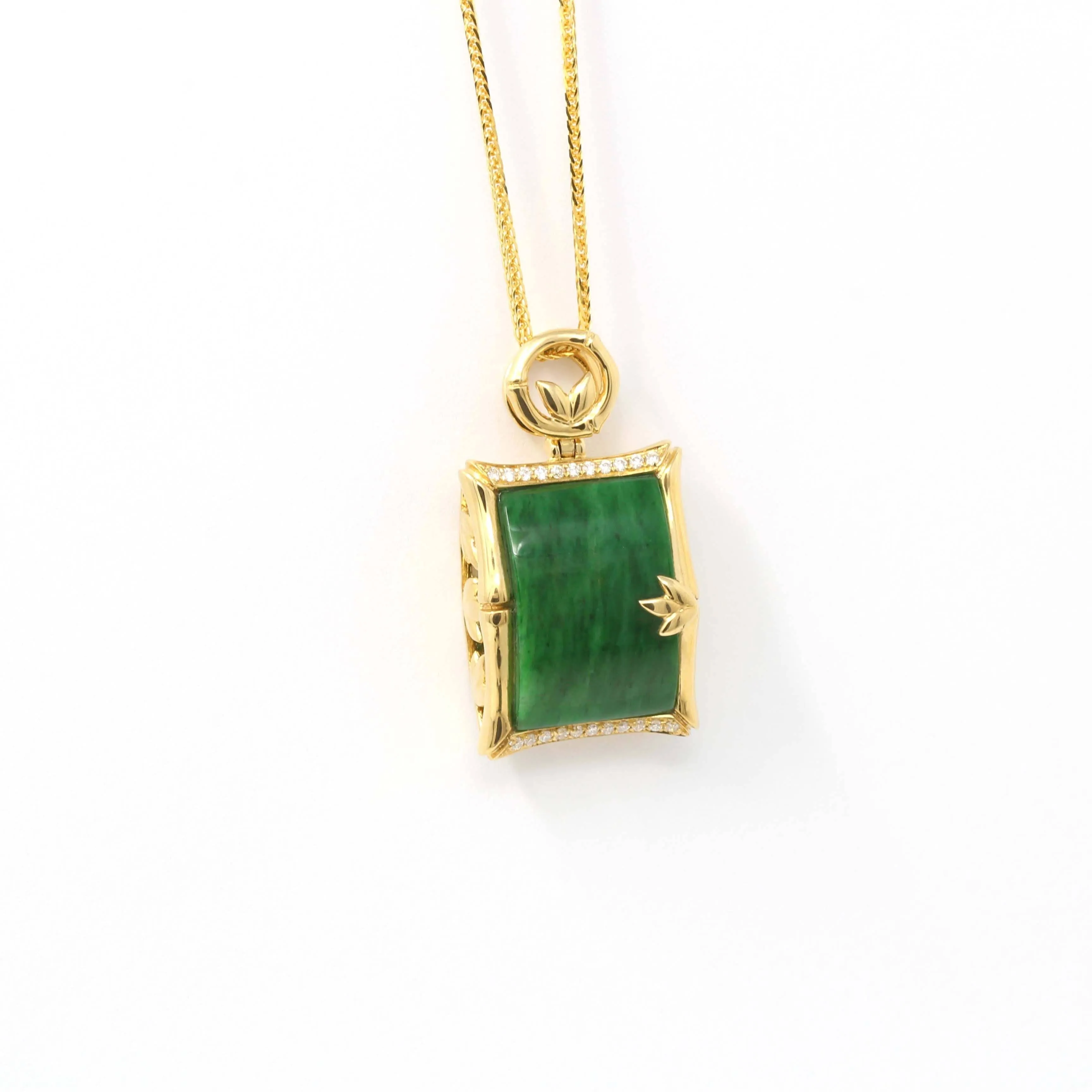 18k White Gold Genuine Burmese Jadeite Bamboo Pendant Necklace With Diamond