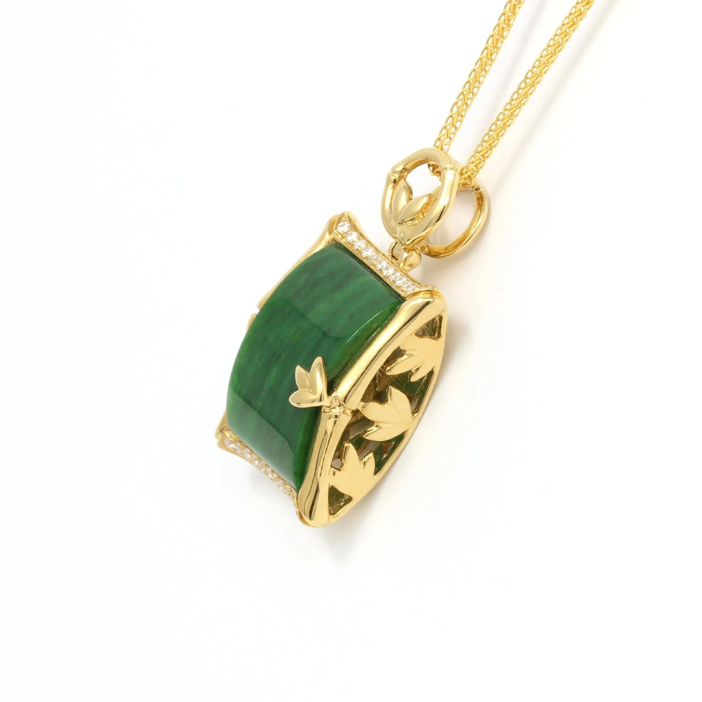 18k White Gold Genuine Burmese Jadeite Bamboo Pendant Necklace With Diamond