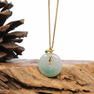 18K Yellow Gold "Good Luck Button" Necklace Green Jadeite Jade Pendant Necklace