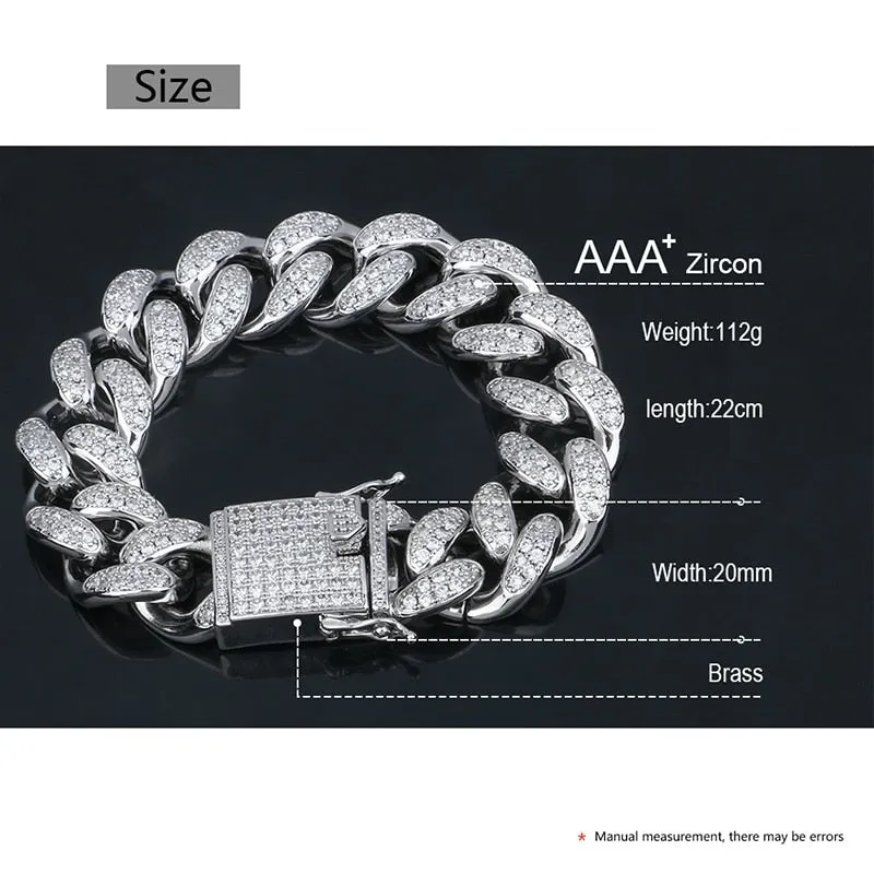 20mm Wide AAA Cubic Zirconia Cuban Chain Bracelets- Curb Rhinestones Hip Hop Bracelet