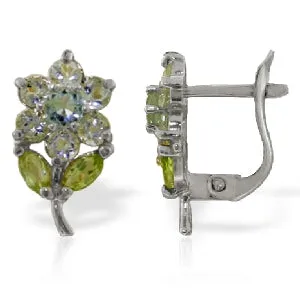 2.12 Carat 14K Solid White Gold Flowers Stud Earrings Aquamarine Peridot