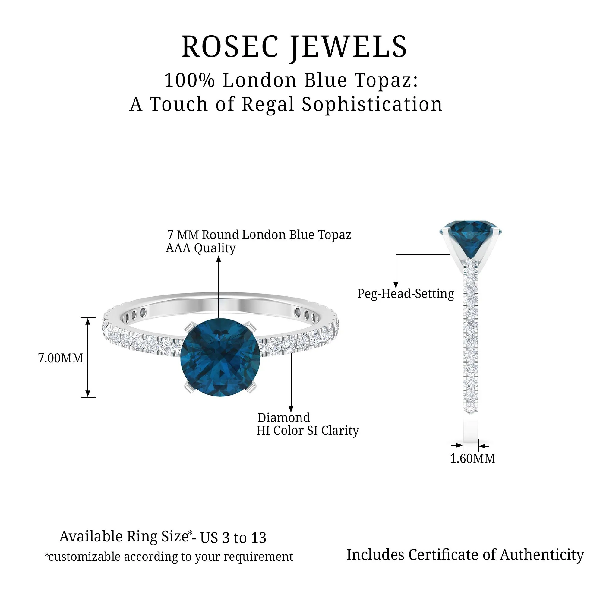 2.25 CT London Blue Topaz Solitaire Ring with Diamond Side Stones