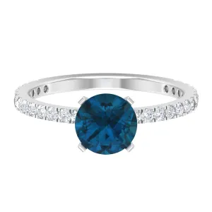 2.25 CT London Blue Topaz Solitaire Ring with Diamond Side Stones