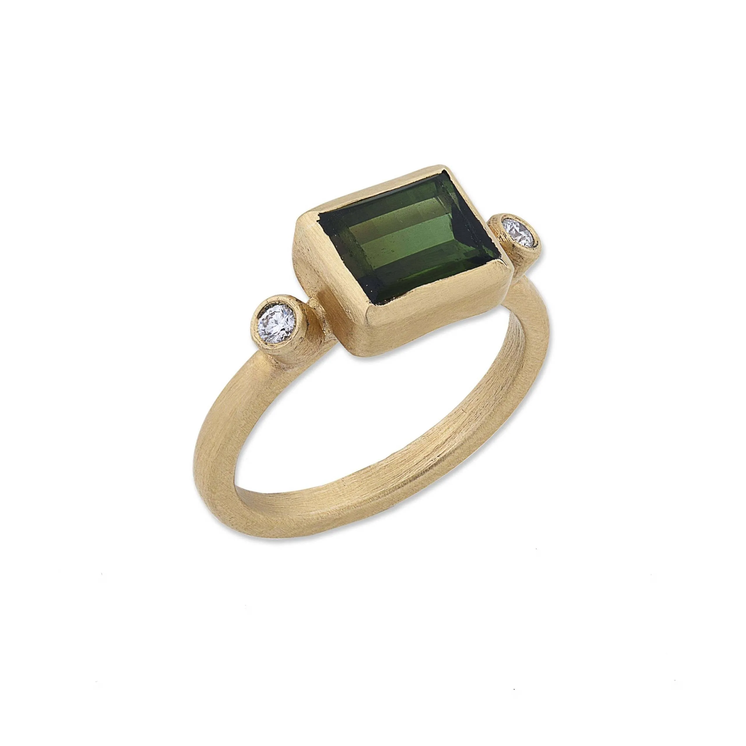 22K Yellow Gold "Love" Green Tourmaline Stacking Ring With Round Diamonds